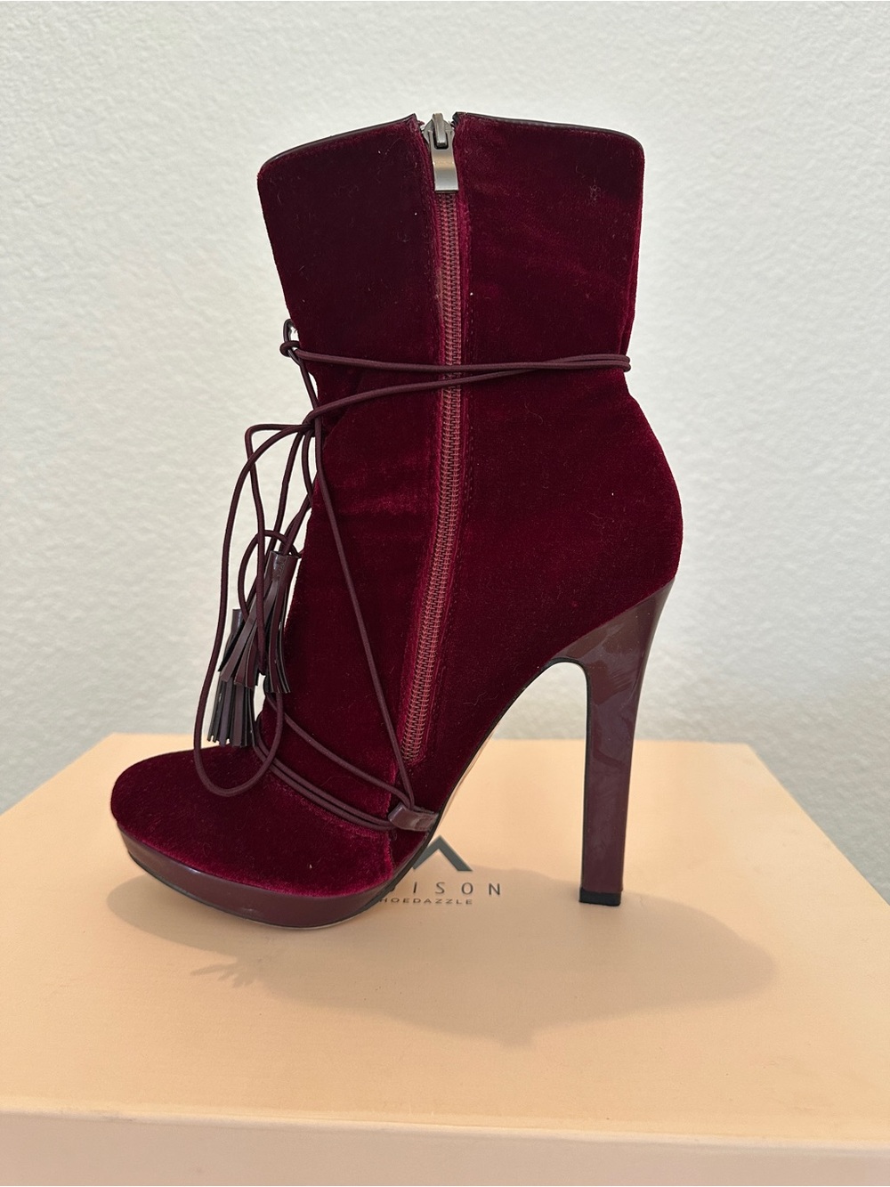 Shoe Dazzle Burgundy Velvet Lace-Up Tassel Ankle Bootie